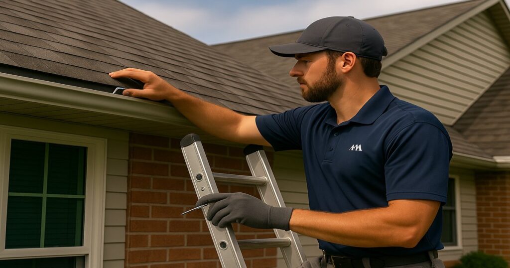 A roofing professional on a ladder inspecting shingles for early signs of damage on a Midwest suburban home.
