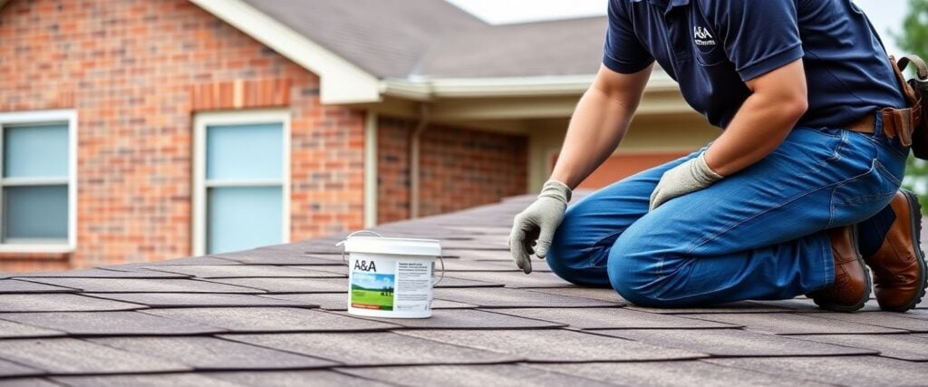 A roofer applying protective coating to shingles on a Midwest suburban home to extend roof lifespan.