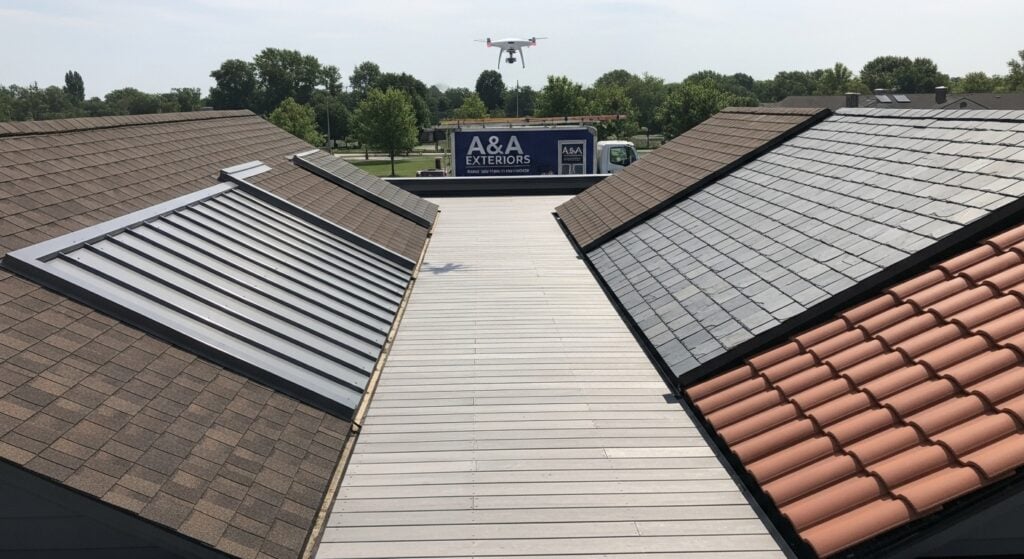 Installed examples of residential roofing options including asphalt, metal, slate, and tile by A&A Exteriors