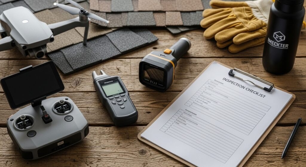 Tools used during a professional roof inspection including moisture meter and infrared camera