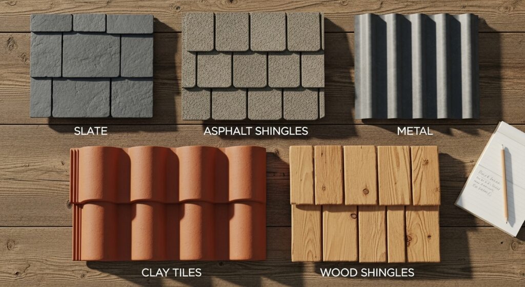 Roofing material samples including slate, metal, asphalt, clay, and wood shingles displayed on a table