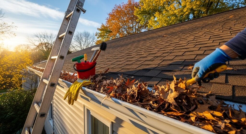 Roof Maintenance Tips image showing autumn roof care with gutter cleaning tools and fall debris.